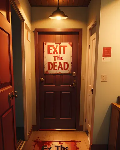 Mysterious Door with Bloody "Exit the Dead" Sign - There is a mysterious door with a bloody "Exit the Dead" sign.